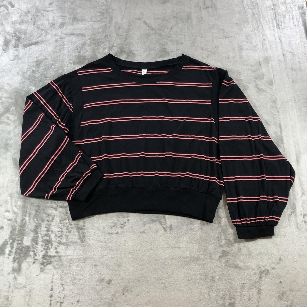 BP. Shirt Womens Medium Black Pink Stripe Cropped Crewneck Balloon Sleeve Tee